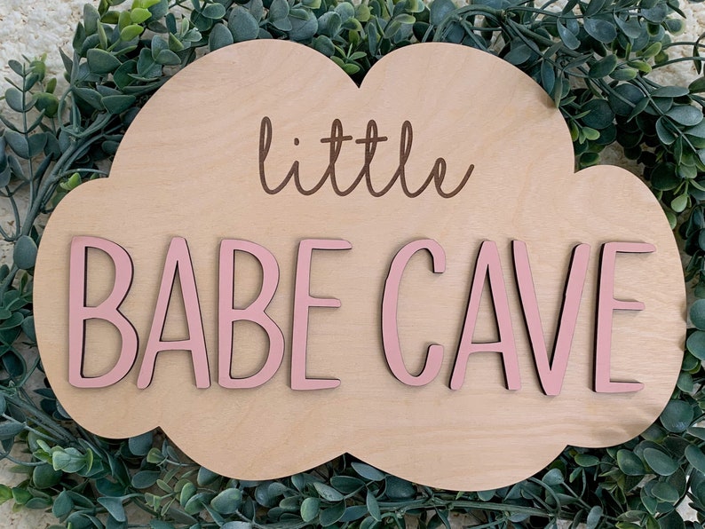 Little Babe Cave girls room sign, cloud nursery wall decor, cloud nursery decor, girls playroom wall decor, baby girl nursery sign, clouds image 2