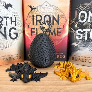 Fourth wing dragon and matching egg, dragon bookshelf decor, dragon figurine for bookshelf, black and gold dragon figurines, fourth wing