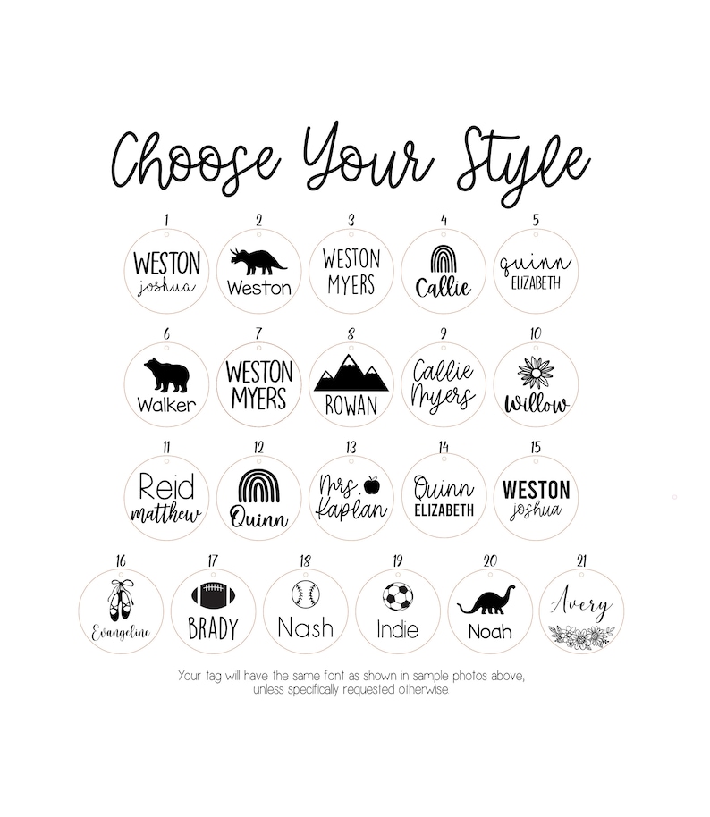 May include: A chart with 21 different circle designs for personalized tags. Each circle features a unique design, such as a dinosaur, a rainbow, a bear, a flower, and a football. The text on the circles includes names, titles, and words like "Weston", "Quinn", "Callie", "Willow", "Brady", "Nash", "Indie", "Noah", and "Avery".