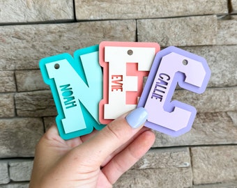 Varsity letter bag tag, backpack name tag, bag tag, luggage tag, kids tag, acrylic backpack name tag, diaper bag tag, lunch box name tag