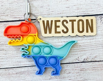 Personalized backpack tag with pop it, personalized bag tags, boys backpack tags, boys backpack keychains, wood name tags, dinosaur pop its