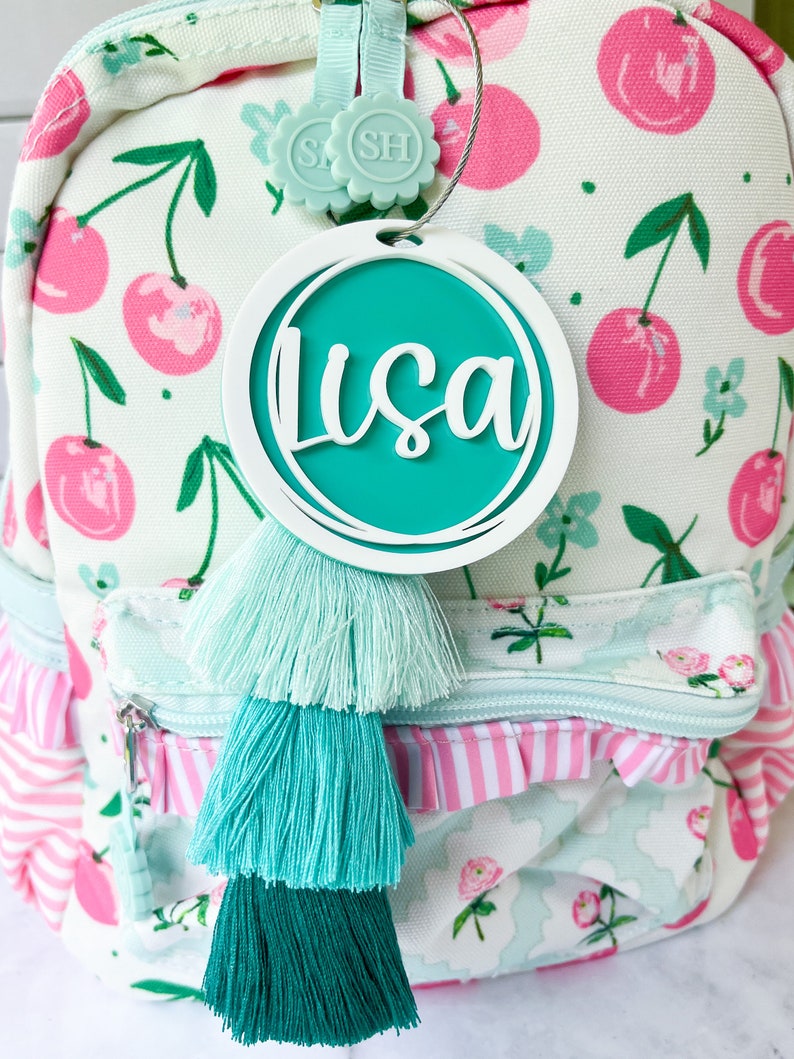 Backpack name tag, kids back pack tag, personalized backpack tag, Bogg Bag Name Keychain, personalized bag charm, Bogg bag accessory, tassel image 1