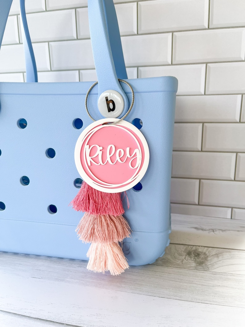 Rucksack-Namensschild, Kinder-Rucksack-Tag, personalisierter Rucksackanhänger, Bogg-Taschen-Namens-Schlüsselanhänger, personalisierter Taschenanhänger, Bogg-Taschen-Accessoire, Quaste Bild 6