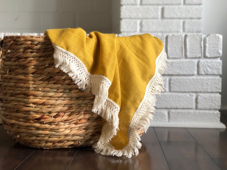 Boho blanket, fringe blanket, boho baby blanket, fringe throw blanket, fringe baby blanket, swaddle blanket, mustard swaddle, fringe swaddle image 10