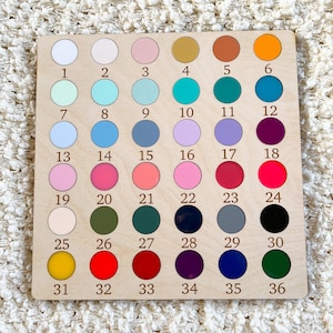 Peut inclure: Un panneau en bois avec 36 cercles peints de diff&eacute;rentes couleurs, num&eacute;rot&eacute;s de 1 &agrave; 36. Le panneau est un nuancier ou une palette de couleurs.