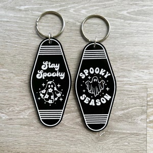 Halloween keychains, stay spooky, spooky season, cute Halloween keychain for women, daisy ghost keychain, retro motel keychain, groovy