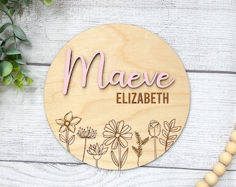Baby girl name announcement sign, baby girl name sign, birth announcement sign, engraved baby name sign, floral baby sign, baby shower gift