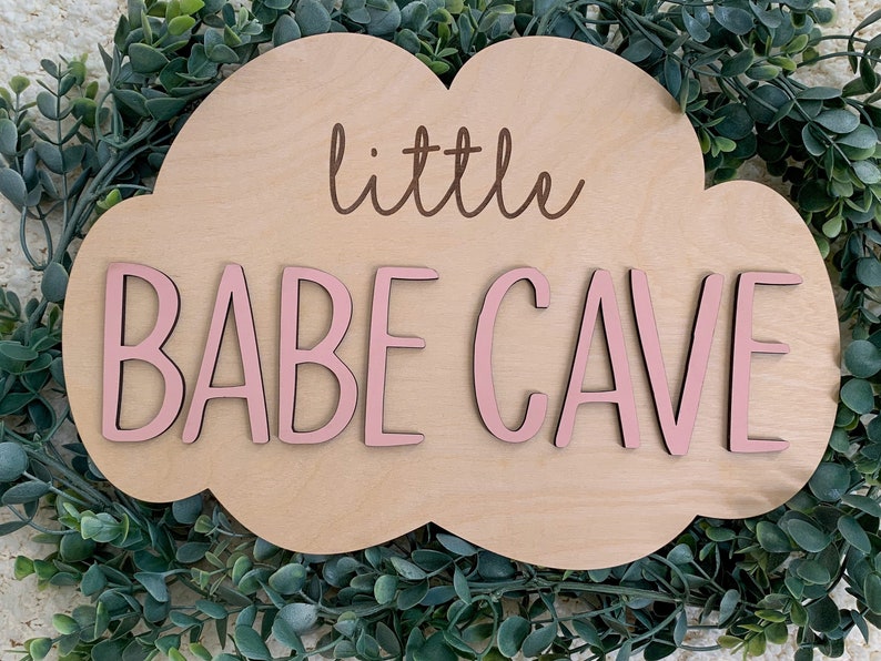 Little Babe Cave girls room sign, cloud nursery wall decor, cloud nursery decor, girls playroom wall decor, baby girl nursery sign, clouds image 1