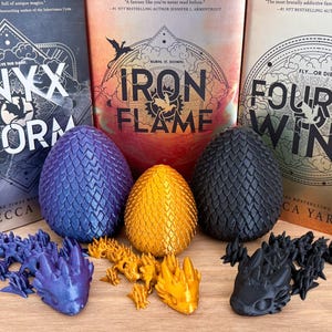 Fourth wing dragon and matching egg, dragon bookshelf decor, dragon figurine for bookshelf, black and gold dragon figurines, fourth wing