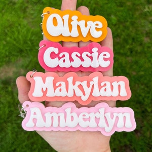 Backpack name keychain, 3d name keychain, name keychain, acrylic name keychain, backpack name tag, diaper bag tag, name keychain retro