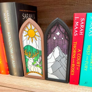 May include: Two decorative stained-glass style bookmarks. One features a sun, deer, and dove, the other a mountain scene with stars. The bookmarks are framed in brown and black, and are placed among books.