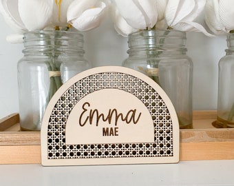 Baby announcement sign, boho baby name sign, rattan baby name sign, boho nursery decor, arch name sign, neutral nursery sign, rattan decor