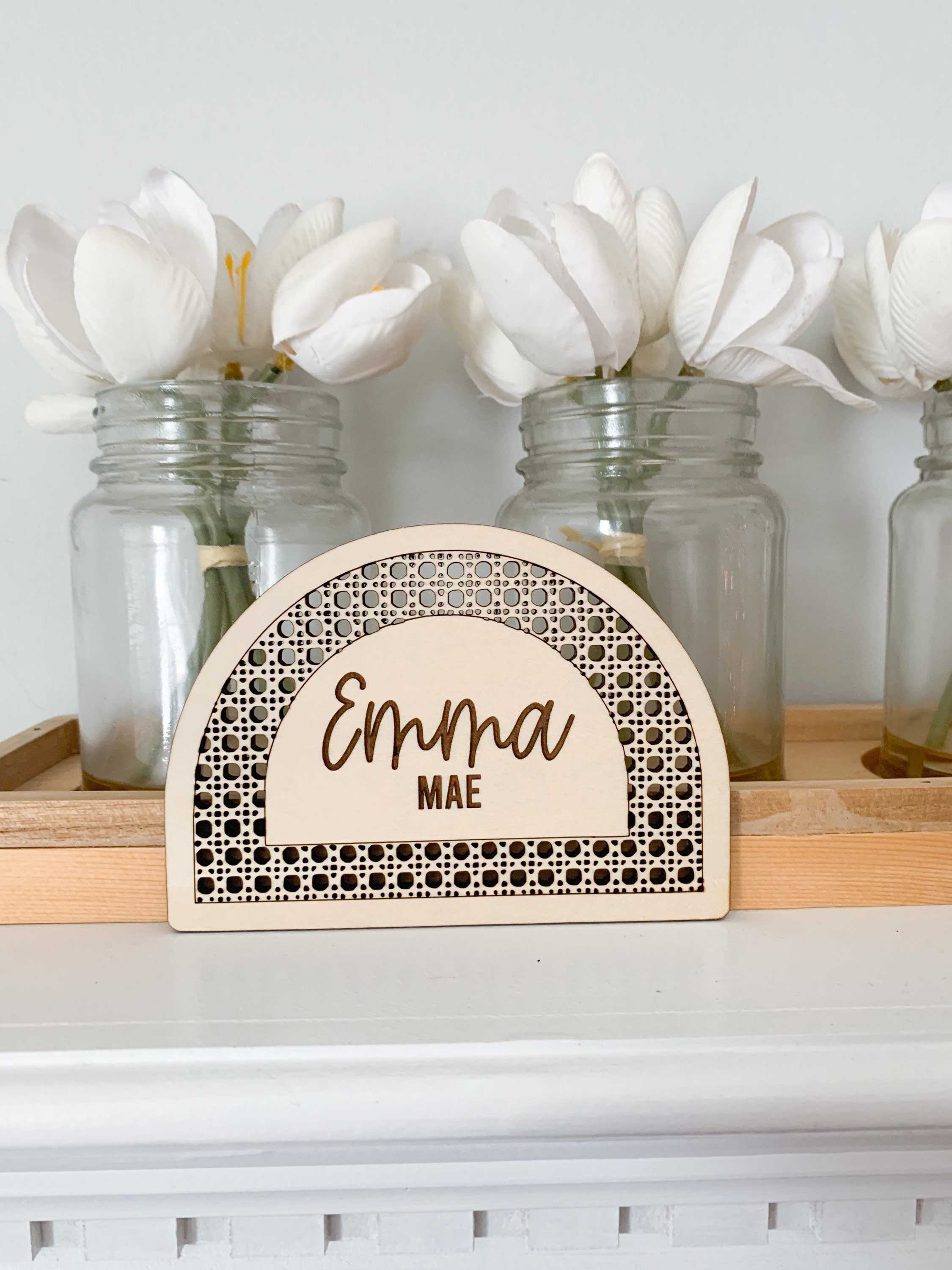 Baby announcement sign, boho baby name sign, rattan baby name sign, boho nursery decor, arch name sign, neutral nursery sign, rattan decor