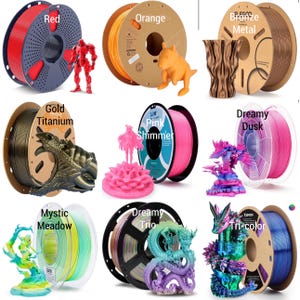 May include: Assortment of 3D printer filament spools in various colors, including red, orange, gold, pink, purple, green, and blue. Each spool features a printed label with the filament color name and a 3D printed object.