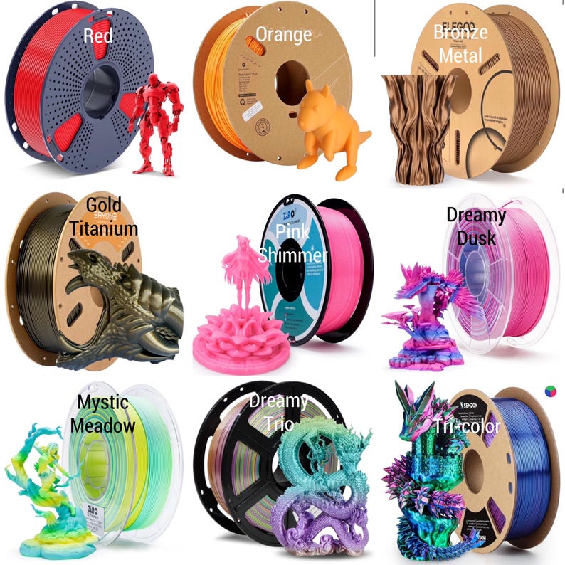 May include: Assortment of 3D printer filament spools in various colors, including red, orange, gold, pink, purple, green, and blue. Each spool features a printed label with the filament color name and a 3D printed object.