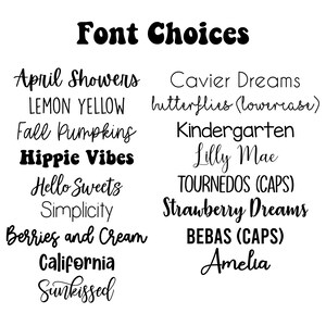 May include: A list of font names with examples of each font style. The font names include "April Showers", "Cavier Dreams", "Butterflies", "Kindergarten", "Lilly Mae", "Tournedos", "Strawberry Dreams", "Bebas", and "Amelia".