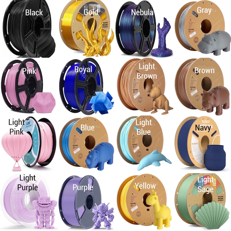May include: Assortment of 12 spools of filament for 3D printing in various colors, including black, gold, nebula, gray, pink, royal blue, light brown, brown, light pink, blue, light blue, navy, light purple, purple, yellow, and light sage.
