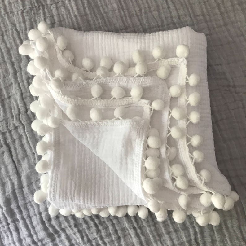 Pom Pom Swaddle White Swaddle Blanket Throw Blanket Newborn Etsy