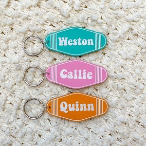 Personalized retro motel keychain, backpack tag, name keychain, acrylic name keychain, backpack name tag, diaper bag tags, luggage tag