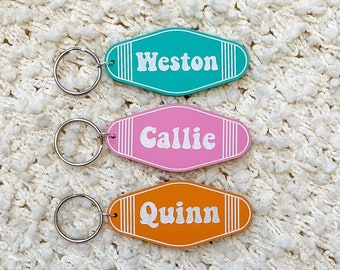 Personalized retro motel keychain, backpack tag, name keychain, acrylic name keychain, backpack name tag, diaper bag tags, luggage tag