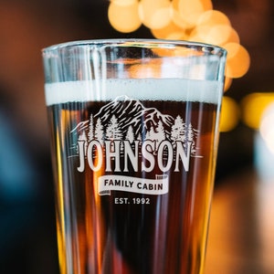 Family Cabin Gift - Engraved Pint Glasses - Personalized Cabin Lodge Gifts - Housewarming Gift