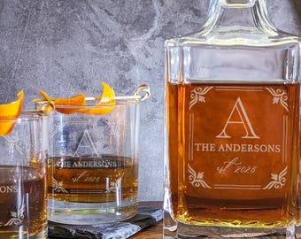 Wedding gift whiskey decanter and glasses, Personalized monogram for couple