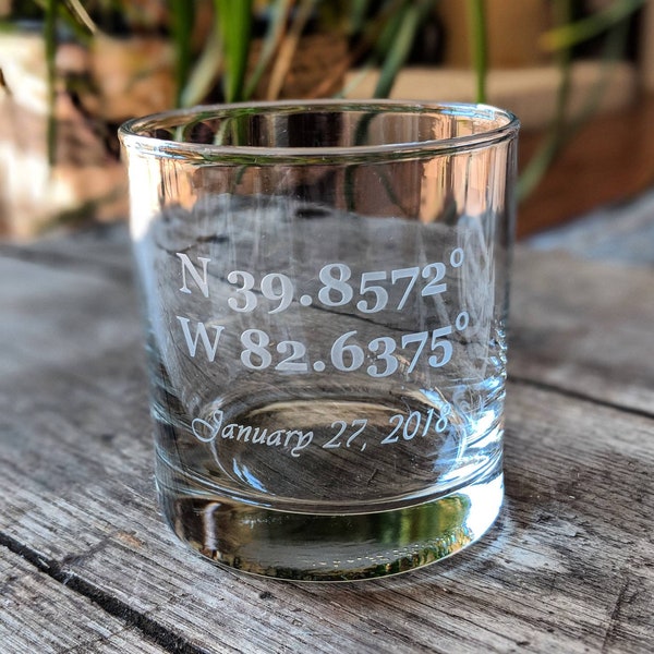 Engraved GPS Coordinates Whiskey Glass, Wedding Gift,  Unique Anniversary Gift, Longitude Latitude GPS Gift