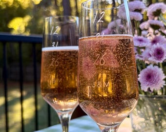 Champagne Flutes engraved with wedding date, minimalist design