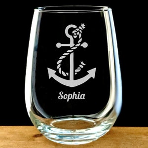 Personalized Anchor Stemless Wine Glass - Bridesmaid Gifts - Nautical Wine Glass - Boat Gift - Engraved