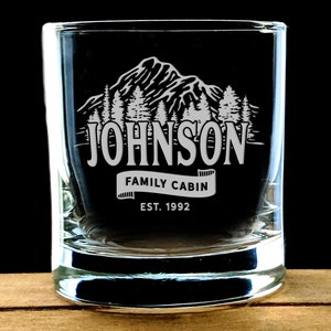 Family Cabin Rocks Glass - Personalized Cabin Gifts - Etched Whiskey Tumbler - Housewarming Gift