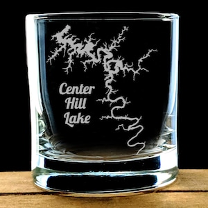 Center Hill Lake Whiskey Glass, engraved rocks