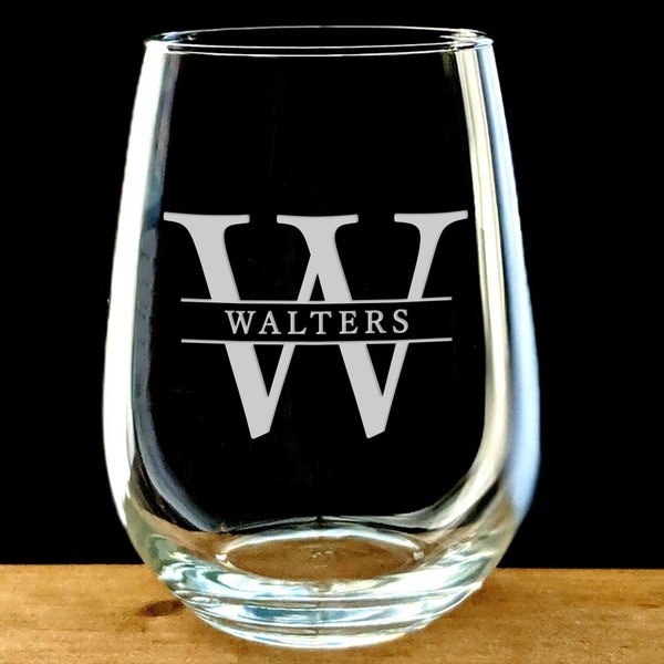 Monogrammed Stemless Wine Glass, Split-Letter Monogram, Personalized Gift
