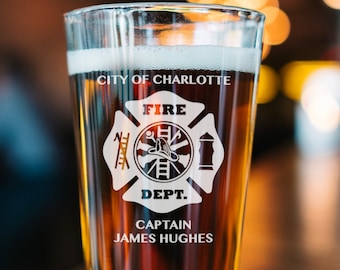 Firefighter Beer Glass, Fireman Gift, Engraved Pint Glass, First Responder Gift, Maltese Cross