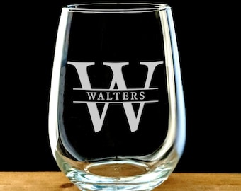 Monogrammed Stemless Wine Glass, Split-Letter Monogram, Personalized Gift