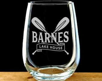 Lake House Wine Glass - Personalized Lake House Gifts - Etched Stemless Wine Glass - Housewarming Gift