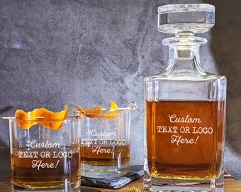 Custom Whiskey Decanter + Glasses Set - Design Your Own - Gift for Him - Hand Engraved - Corporate Logo Gift