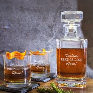 Custom Whiskey Decanter + Glasses Set - Design Your Own - Gift for Him - Hand Engraved - Corporate Logo Gift