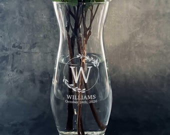 Engraved Monogram Wedding Vase - Personalized Anniversary Gift - 9.25" Vase