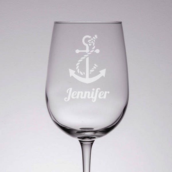 Anchor Wine Glass, Etched Glass, Sandblasted Glass, Nautical Wine Glass, Boat Gift, Engraved Wine Glass, Boat Anchor, Custom Wine Glass