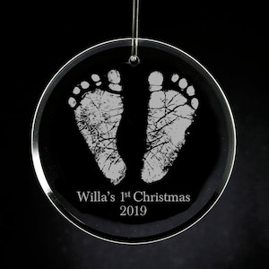 Baby&#39;s First Christmas Glass Ornament, Personalized engraved footprint or handprint, Engraved Glass Ornament, Custom New Baby