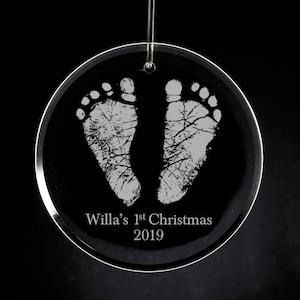 Baby's First Christmas Glass Ornament, Personalized engraved footprint or handprint, Engraved Glass Ornament, Custom New Baby