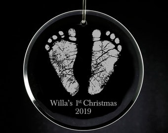 Baby's First Christmas Glass Ornament, Personalized engraved footprint or handprint, Engraved Glass Ornament, Custom New Baby
