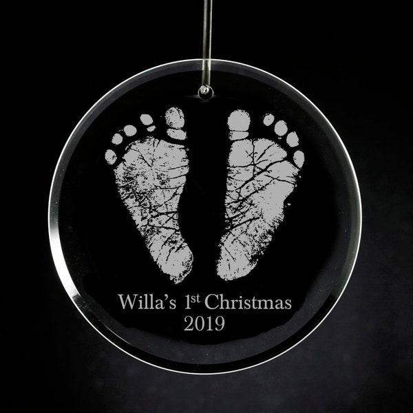 Baby's First Christmas Glass Ornament, Personalized engraved footprint or handprint, Engraved Glass Ornament, Custom New Baby