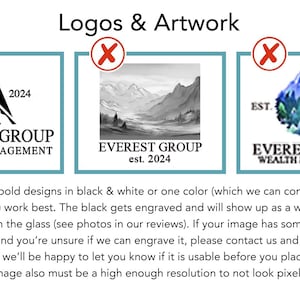 May include: Image displaying logo examples for engraving. The approved logo shows a mountain range with the text "EVEREST GROUP WEALTH MANAGEMENT" and "EST 2024". The image also includes examples of logos that are not suitable for engraving.