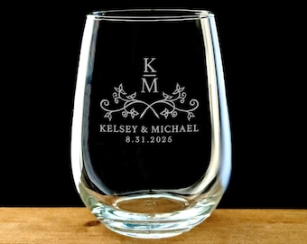 Custom Wedding Gift, Personalized Stemless Wine Glass, Engagement Gift, Wedding Glass, Wedding Favors