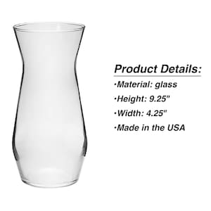 May include: A clear glass vase with a flared top and a gently curved body. The vase is approximately 23.5 cm tall and 10.8 cm wide. The product details state the material is glass and it is made in the USA.