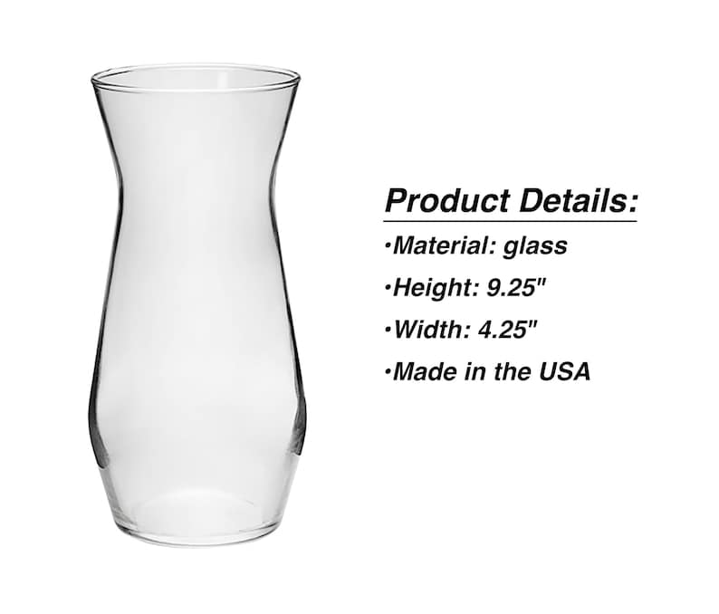 May include: A clear glass vase with a flared top and a gently curved body. The vase is approximately 23.5 cm tall and 10.8 cm wide. The product details state the material is glass and it is made in the USA.
