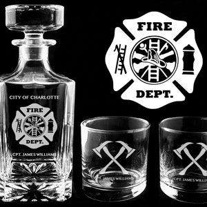 Firefighter Maltese Cross Engraved Whiskey Decanter Set With Crossed Axe Glasses, Fireman Gift, Home Bar, Gifts for Firefighters