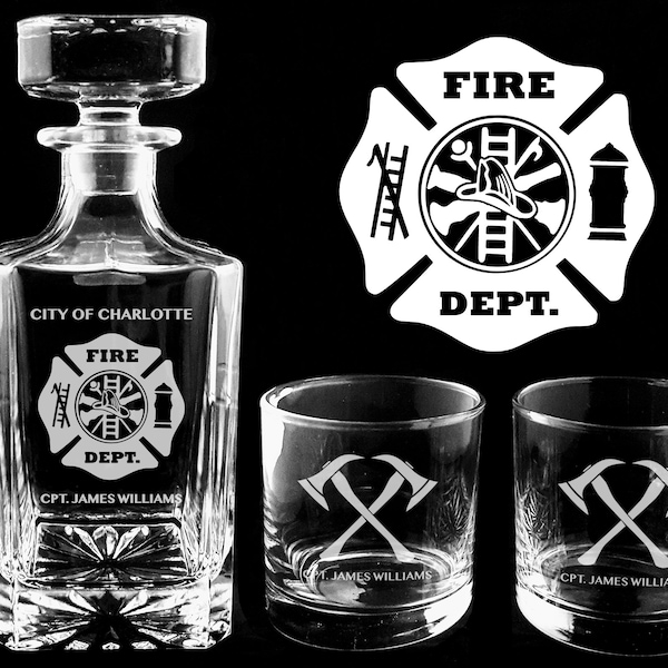 Firefighter Maltese Cross Engraved Whiskey Decanter Set With Crossed Axe Glasses, Fireman Gift, Home Bar, Gifts for Firefighters