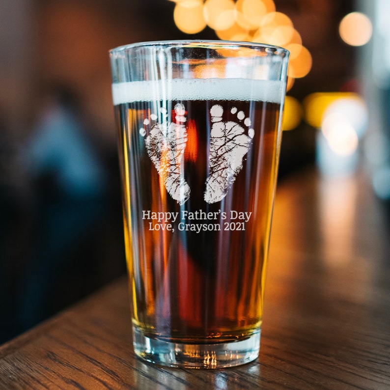 Engraved Baby Footprints Glass, Father's Day Gift, Handprint Whiskey Glass, Wine Glass, Pint Glass, Coffee Mug Pint Glass